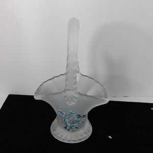 Frosted Glass Basket with Blue Floral Accents vtg. Viking basket
